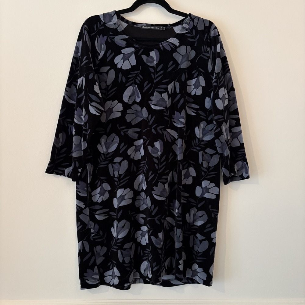 Gudrun Sjoden Velvet Black Floral Shift Dress M Moody Lagenlook Organic Cotton